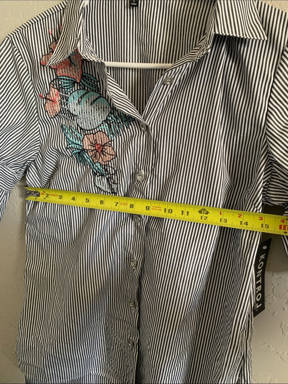 Kontrol Grey & White Striped Button Down Shirt with Floral Embroidery - Picture 10 of 11
